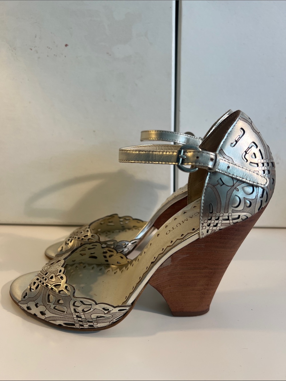 Vince Camuto Silver Laser-Cut Wedge Sandals with Ankle Strap